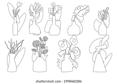 a large set of vases with flowers drawn by hand with a contour, linear vases and flowers