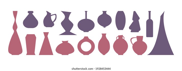 A large set of vases and jugs. Simple minimalistic flat shapes. Flower vases and liquid jugs, collection tableware elements, can be repainted and used as separate objects, icons, signs or symbols.