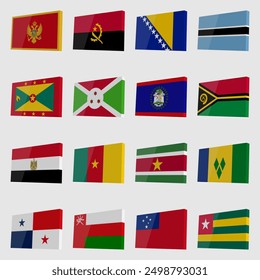 Large set of vector 3D flags with highlights in isometric style