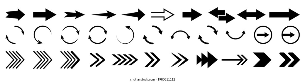 Large set of vector arrows in black on an isolated background. Arrows of different shapes and thicknesses. Modern arrows for your design or web page. Vector EPS 10
