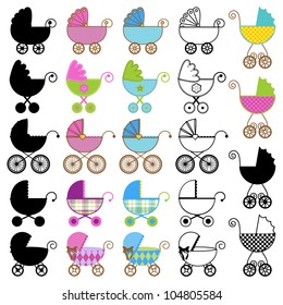 Large Set of Vector Baby Carriages, including Outlines and Silhouettes