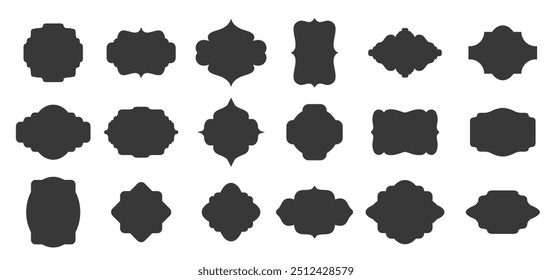 Grande conjunto de marcos de silueta de Vector negro o cartuchos para insignias en diseños y Formas simétricas curvadas y redondeadas clásicas ornamentadas