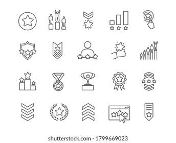 Large set of vector black and white line drawn rating icons with awards, prizes, stars , podium, badges and voting for use as design elements