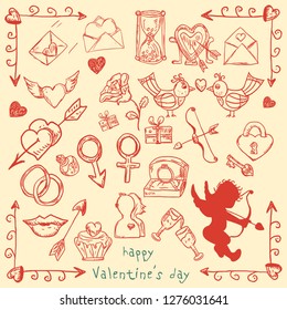  large set of vector contour elements illustrations in the style of children's Doodle on Valentine's day, love, weddings, design and decoration of postcards banners, print and web, backgrounds 