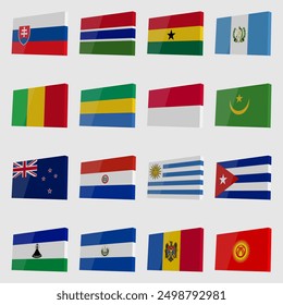 Large set of vector country flags with highlights in isometric style
