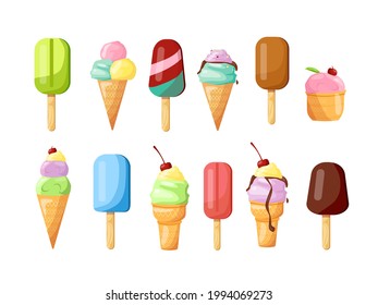 A large set of vector delicious ice cream in a bowl and on a stick with various fillings.