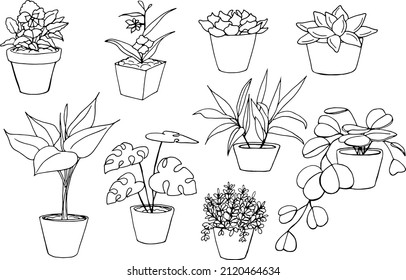 a large set of vector doodle icons a pot with a plant, a print, 