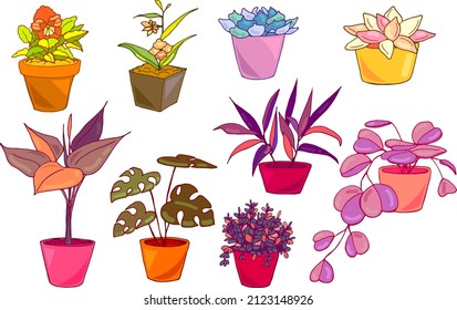 a large set of vector doodle icons, a sticker, a pot with a plan