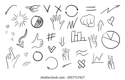 Large set of vector doodles with arrows, hands, gestures, circle, check mark and cross, hashtag, equal sign, hearts, graphs and diagrams. Hand-drawn doodles.