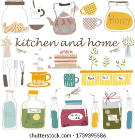 A large set of vector drawings of dishes, food, and plants. 21 sketches, handmade. Great idea for a postcard, calendar, holiday invitation, wrapping paper. Suitable for making recipes, frames, diaries