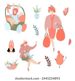Large set of vector Easter illustrations on a white isolated background. Girls with baskets and flowers and Easter eggs on a white isolated background.