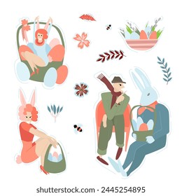 Large set of vector Easter illustrations on a white isolated background. Girls with baskets and flowers and Easter eggs on a white isolated background.