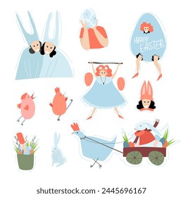 Large set of vector Easter illustrations on a white isolated background. Girls with baskets and flowers and Easter eggs on a white isolated background.