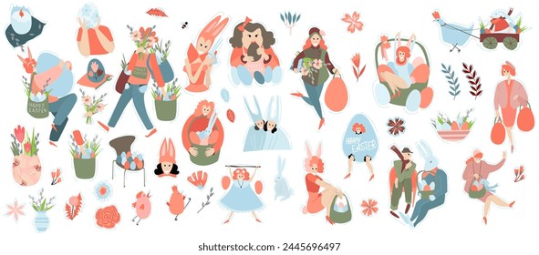 Large set of vector Easter illustrations on a white isolated background. Girls with baskets and flowers and Easter eggs on a white isolated background.