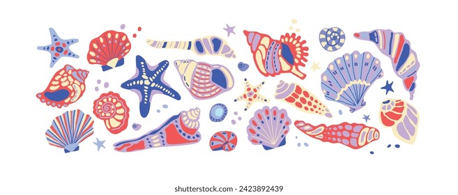 A large set of vector elements on a marine theme. Shells, starfish, pearls. Cartoon hand drawn style. Isolated elements on a white background, for the development of souvenirs, advertising, gift cards