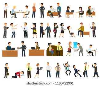 Large set of vector flat character design on businessman working and presenting process gestures, actions and poses. vector illustration in a flat style.