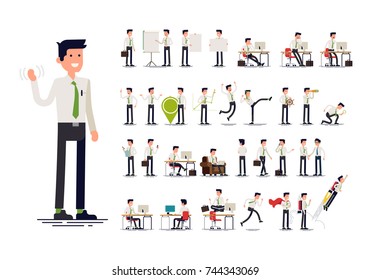 Large set of vector flat character design on businessman working and presenting process gestures, actions and poses. Office worker in tie and white shirt. Ideal for business or financial infographics