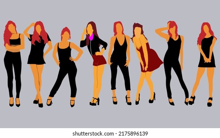 Gran conjunto con niñas vectoriales de moda plana, aisladas. Los personajes hermosos son dibujados en colores brillantes en una variedad de poses, con camisetas, faldas y peinados informales