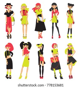 Large set with vector flat fashion girls, isolated on white. Cute characters drawn in bright colors in various poses, with crop-tops, skirts and casual hairstyle