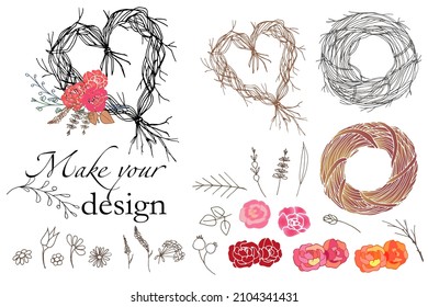 a large set of vector flowers and herbs, create your own wreath