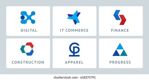 A large set of vector geometric abstract logos for decorating a corporate style of business, technology, education, science, beauty, entertainment, commerce, construction, finance, IT.