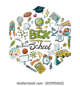 Large set of vector hand-drawn icons of school stationery and objects for the study of the world: microscope, globe, bacteria, pencils, paints, paper, rulers, compasses and others.Back to school image