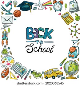 Large set of vector hand-drawn icons of school stationery and objects for the study of the world: microscope, globe, bacteria, pencils, paints, paper, rulers, compasses and others.Back to school image