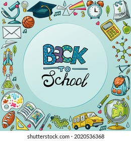 Large set of vector hand-drawn icons of school stationery and objects for the study of the world: microscope, globe, bacteria, pencils, paints, paper, rulers, compasses and others.Back to school image