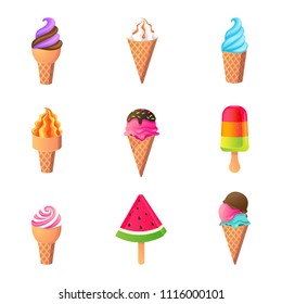 Large set of vector ice-creams in waffle cones and on sticks. Vector illustration of fresh juicy and creamy desserts.