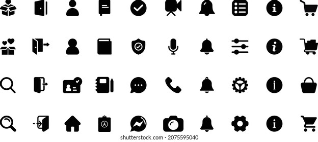 A large set of vector icons for mobile applications and sites. Settings, notifications, profile, search, shopping cart, phone, microphone, camera, messenger, books, notebook, office icons.