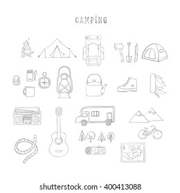 Large set of vector icons on the theme of recreation and camping, Illustration handmade, mono,  outline.  Includes a tent, a backpack, a guitar, a rope, a tent and much more.