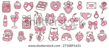 Large set of vector icons in pink tones: hearts, gifts, bows, candies, strawberries, rings, kitten, rose, letter. Elements of romance, love, Valentine's Day.