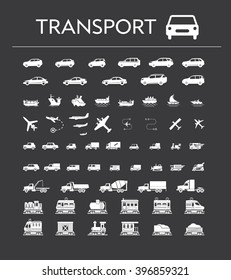 A large set of vector icons thematic dedicated transport divided into groups: vehicles, ships, planes, delivery, construction, train, railway. Simple Vector illustration for design or application.
