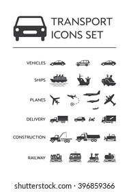 A large set of vector icons thematic dedicated transport divided into groups: transportation, vessels, aircraft, postage, building machinery, trains and wagons.