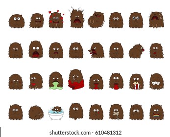Large set vector illustrations isolated Emoji character cartoon creature (it can be a bear, a wolverine, or a large furry dog) stickers emoticons with different emotions