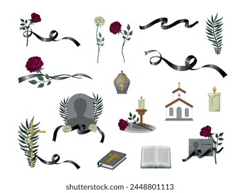 A large set of vector illustrations related to mourning, funerals and cemeteries. Mourning ribbons, flowers, an urn with the ashes of the deceased, a church, a candle, a Bible, a portrait in mourning 