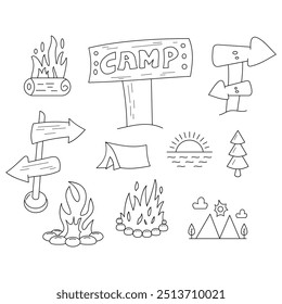 Un Grande conjunto de Ilustraciones vectoriales de equipos turísticos y de camping en estilo doodle sobre un fondo blanco. Elementos o iconos dibujados a mano para el campamento de verano, libro para colorear, cartel.