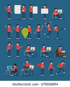 Large set of vector infographics casually clothed spokesman character poses and gestures. Random caucasian guy in red sweater in diverse settings. Ideal for motion, graphic and web design projects