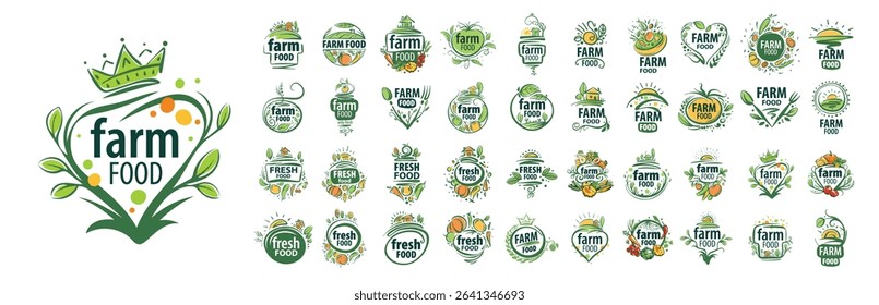 A large set of vector logos for farm products, hand-drawn