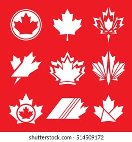 A large set of vector maple leaves on a solid red background. This group of icons can be used to represent the country of Canada.