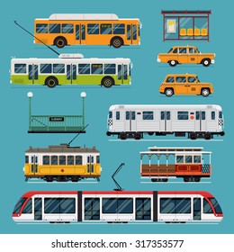 Large set of vector mass rapid transit urban vehicles | Collection of municipal transport buses, taxis, subway, tram cars in flat design. Ideal for infographic brochures, web and motion design