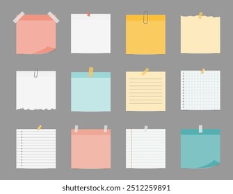 Large set of vector  note papers with pin and adhesive tape with different colors on grey background. Empty blanks for messages. Reminder sheet.