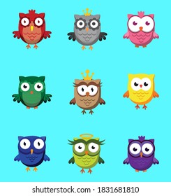 A large set of vector owls of various colors and shapes.
