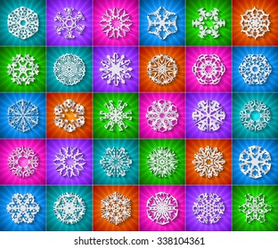 large set of vector paper snowflakes on colorful background with shadow white holiday scenery star crowd popular flake freeze isolated season cooperation abstraction vacation background scene natural