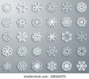 large set of vector paper snowflakes on gray background with shadow white holiday nature star partnership popular snowflake frost isolated season society conceptual scene natural stack earth new forma