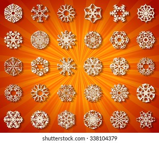 large set of vector paper snowflakes on red background with shadow white holiday earth star partnership formal flake seasonal isolated season group abstraction scene natural stack new celebrating sign