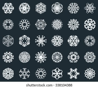 large set of vector paper snowflakes on black background white vacation nature star group traditional snow winter isolated season community abstract holiday background scene natural pile earth new cer