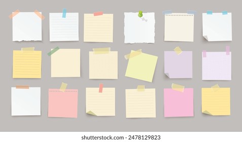 Large set of vector realistic note papers with pin and adhesive tape with diffrent colors on transparent background.