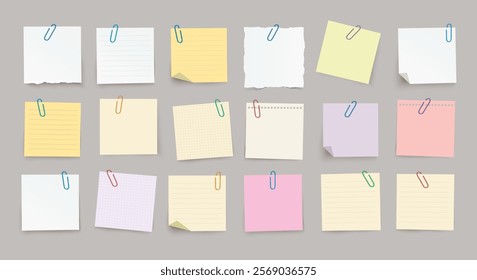 Large set of vector realistic note papers with paper clips and diffrent colors on transparent background.