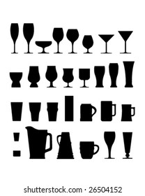 A large set of vector silhouettes of alcohol and coffee drink glasses, cups, and mugs.
